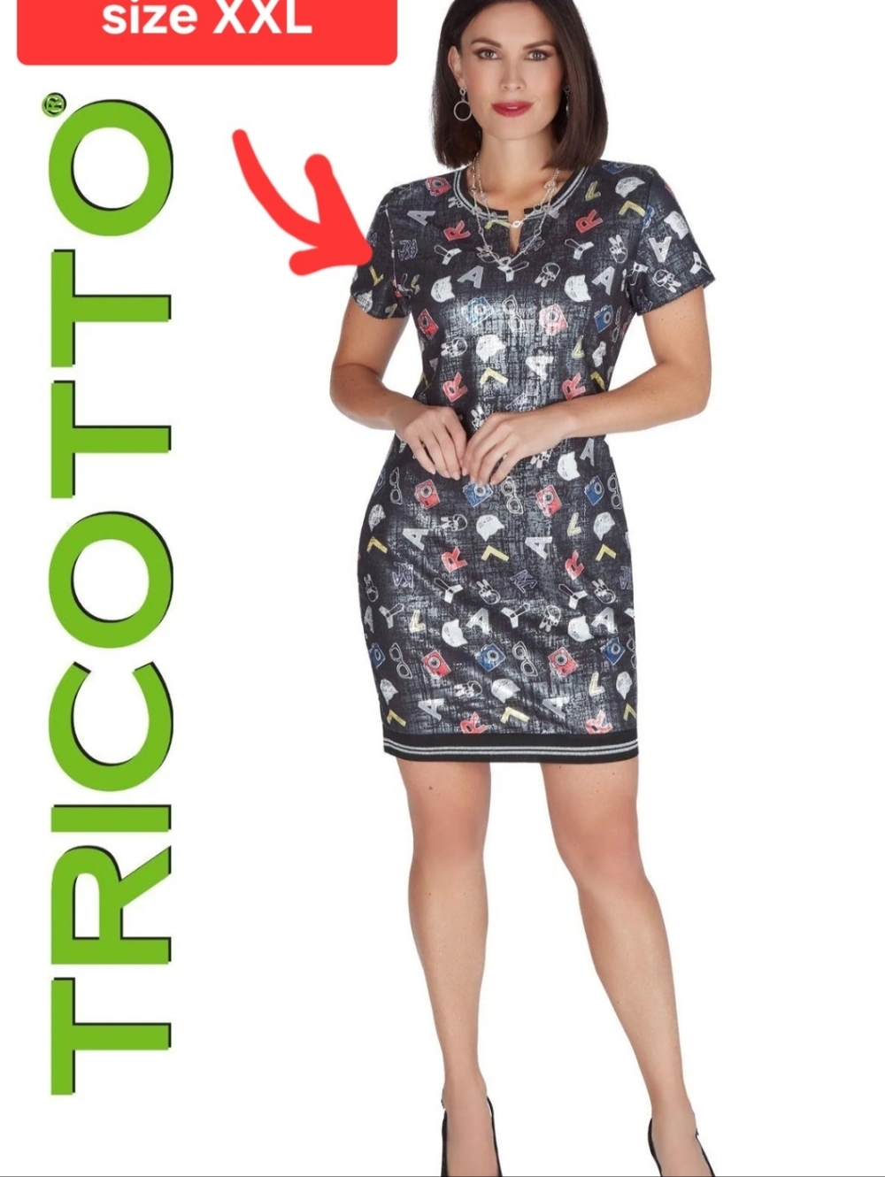 Black and silver tunic dress with multicolored graphic print